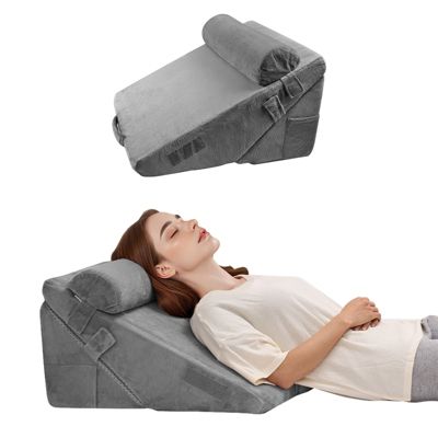 Coussin incliné lit, triangulaire, mousse, housse lavable, reflux acide, maux dos, gris foncé.