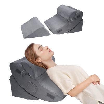 Coussin incliné lit, triangulaire orthopédique, mousse, housse lavable, soutien dos, gris foncé.