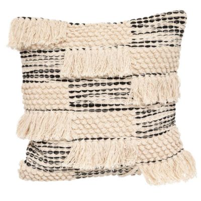 Coussin - motifs relief et franges - noir & blanc - coton 45x45 cm - Atmosphera