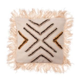 Coussin noir et beige avec franges 45 x 45 cm