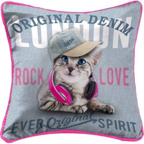 Coussin Passepoil polyester imprime Modele Chat Rock Love Londres 40 x