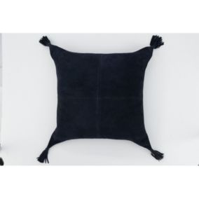 Coussin à pompons en cuir bleu 45x45x8 cm