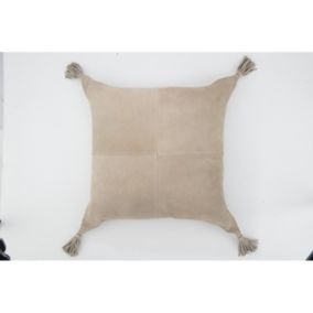 Coussin à pompons en cuir gris 45x45x8 cm