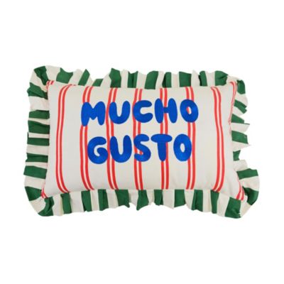 Coussin Taxi Brousse brodé - Mucho Gusto - rayé rouge avec volants verts