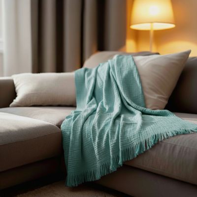 Couverture plaid 100% coton bleu turquoise avec franges 130x170cm BITALD - SACASA