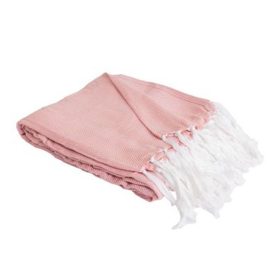 Couverture plaid 100% coton rose saumon avec franges 180x220cm ZIGORA - SACASA