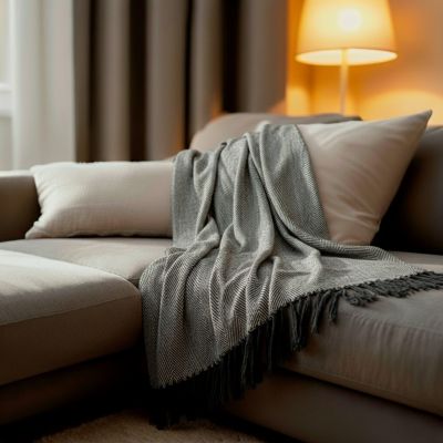 Couverture plaid ZIGORA en coton 100 % - Noir avec franges 180x220 cm - SACASA