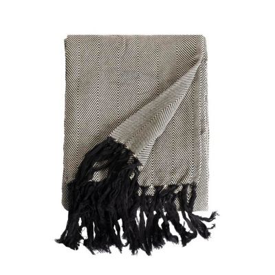 Couverture plaid ZIGORA en coton 100 % - Noir avec franges 180x220 cm - SACASA