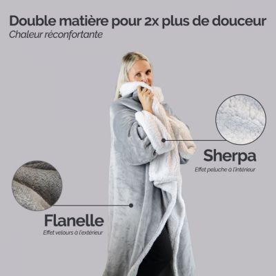 Couverture polaire, plaid intégral avec manches et poche - 140 x 210 cm -  Sherpa et flanelle - Adulte - Gris - Vivezen