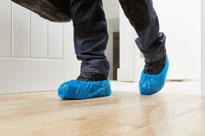 Virsus 100 Couvre-chaussures jetables avec élastique en CPE de couleur  bleu, dimensions 15 x 38 cm, 50 paires protège-chaussures imperméables