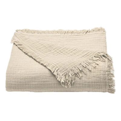 Couvre lit à franges "Brehat" Gaze de Coton stonewashed Toison d'or - 270x250 - Brehat Galet