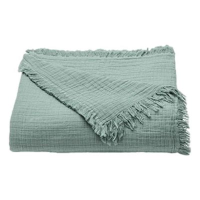 Couvre lit à franges "Brehat" Gaze de Coton stonewashed Toison d'or - Brehat Lichen - 180 x 250 cm - Brehat Lichen -