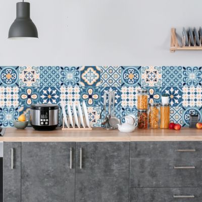 Crédence adhésive carreaux de ciment bleu et beige 50x300cm