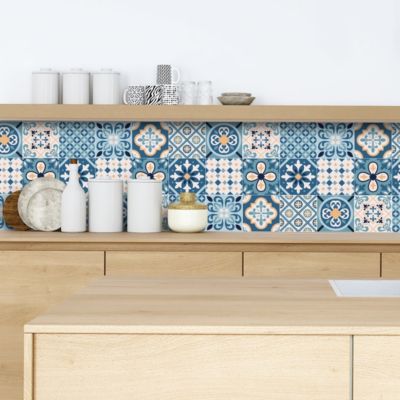 Crédence adhésive carreaux de ciment bleu et beige 50x300cm