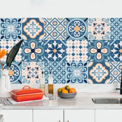 Crédence adhésive carreaux de ciment bleu et beige 50x300cm
