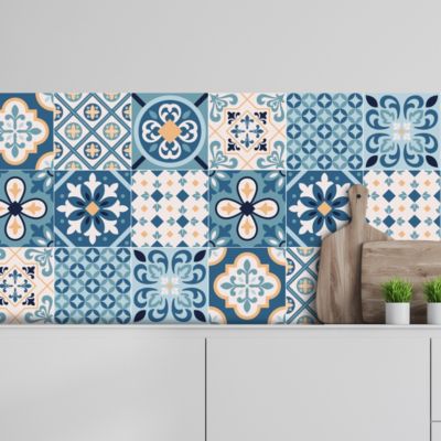 Crédence adhésive carreaux de ciment bleu et beige 50x300cm