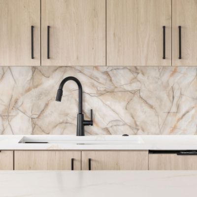 Crédence cuisine adhésive en vinyle imitation marbre beige et brun, 200 x 40 cm, design raccordable