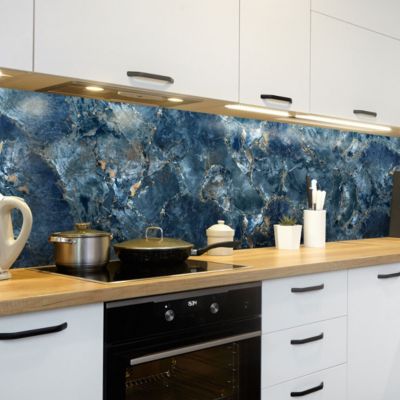 Crédence cuisine adhésive en vinyle imitation marbre bleu et or, 200 x 40 cm, design raccordable