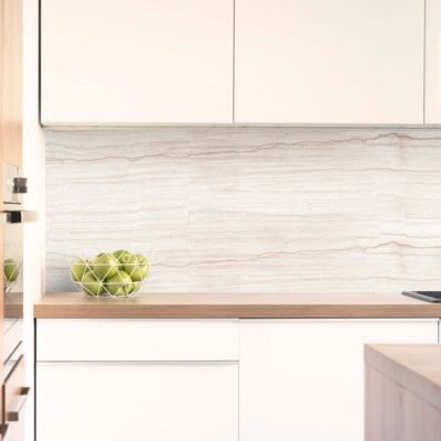 Crédence cuisine adhésive en vinyle imitation travertin beige clair, 200 x 40 cm, design raccordable