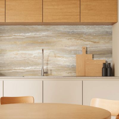 Crédence cuisine adhésive en vinyle imitation travertin beige foncé, 200 x 40 cm, design raccordable
