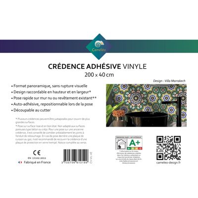 Crédence cuisine adhésive en vinyle modèle VILLA MARRAKECH vert, 200 x 40 cm, design raccordable