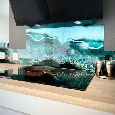 Crédence cuisine en aluminium effet marbre bleu - 200x20 cm (en 2 bandeaux)