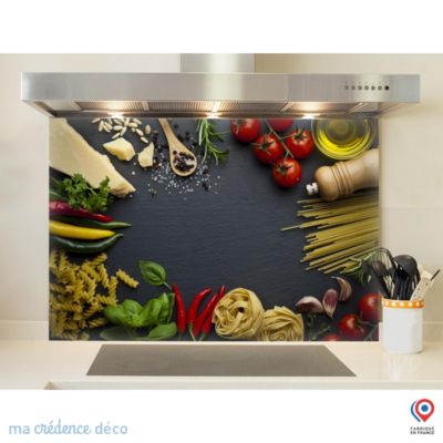 Crédence cuisine fond de hotte Aliments sur ardoise - Verre trempé - L 90 cm x H 50 cm - MaCrédenceDéco