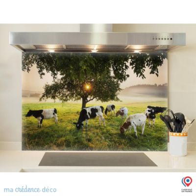 Crédence cuisine fond de hotte Arbre et vaches - Verre trempé - L 90 cm x H 70 cm - MaCrédenceDéco
