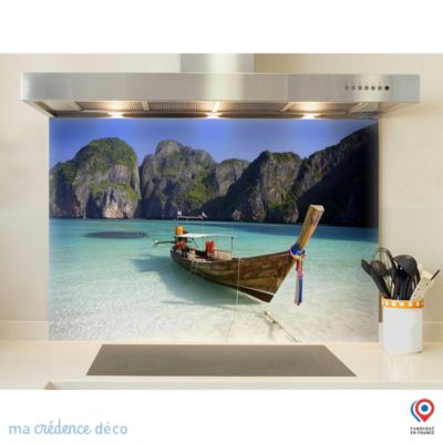 Crédence cuisine fond de hotte Bateau sur plage - Verre trempé - L 70 cm x H 60 cm - MaCrédenceDéco