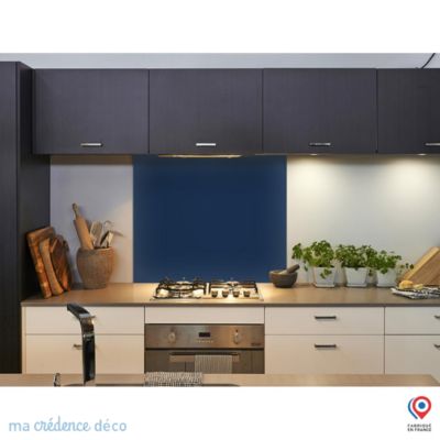 Crédence cuisine fond de hotte Bleu nuit nacré RAL 5026 - Verre trempé - L 90 cm x H 50 cm - MaCrédenceDéco