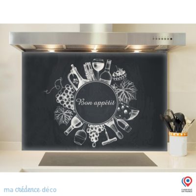 Crédence cuisine fond de hotte Bouteilles et raisins sur ardoise - Verre trempé - L 90 cm x H 60 cm - MaCrédenceDéco