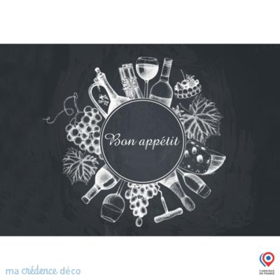 Crédence cuisine fond de hotte Bouteilles et raisins sur ardoise - Verre trempé - L 90 cm x H 60 cm - MaCrédenceDéco