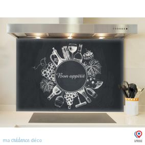 Crédence cuisine fond de hotte Bouteilles et raisins sur ardoise - Verre trempé - L 90 cm x H 70 cm - MaCrédenceDéco