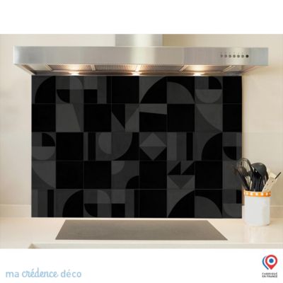 Crédence cuisine fond de hotte Carreaux ciment géométrie et couleurs 2 noir - Verre trempé - L 90 cm x H 70 cm - MaCrédenceDéco