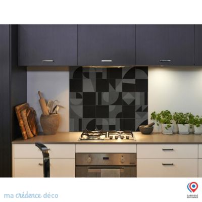 Crédence cuisine fond de hotte Carreaux ciment géométrie et couleurs 2 noir - Verre trempé - L 90 cm x H 70 cm - MaCrédenceDéco