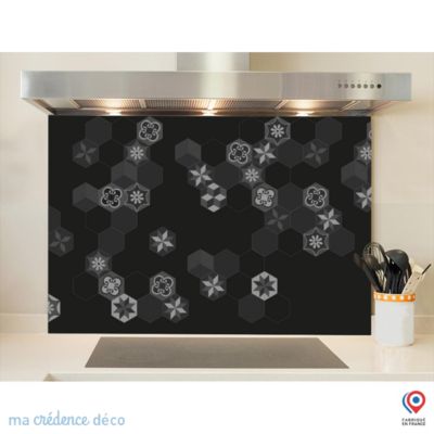 Crédence cuisine fond de hotte Carreaux Ciment Hexagonal 3 noir - Verre trempé - L 90 cm x H 70 cm - MaCrédenceDéco