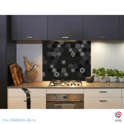 Crédence cuisine fond de hotte Carreaux Ciment Hexagonal 3 noir - Verre trempé - L 90 cm x H 70 cm - MaCrédenceDéco