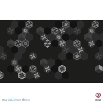 Crédence cuisine fond de hotte Carreaux Ciment Hexagonal 3 noir - Verre trempé - L 90 cm x H 70 cm - MaCrédenceDéco