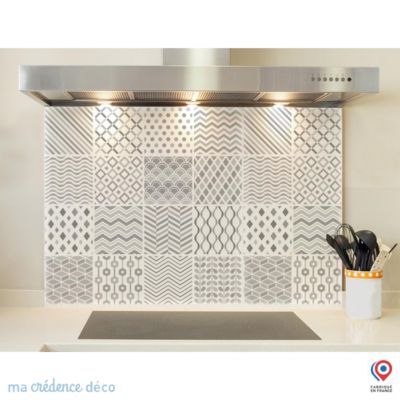 Crédence cuisine fond de hotte Carreaux ciment modernes 2 - Verre trempé - L 70 cm x H 60 cm - MaCrédenceDéco