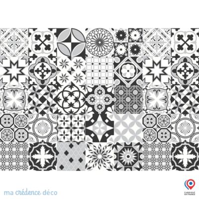 Crédence cuisine fond de hotte carreaux ciment Noir et Blanc - Verre trempé - L 60 cm x H 45 cm - MaCrédenceDéco