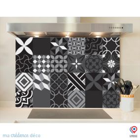 Crédence cuisine fond de hotte Carreaux ciment noir - Verre trempé - L 90 cm x H 50 cm - MaCrédenceDéco