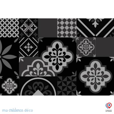 Crédence cuisine fond de hotte Carreaux ciment patchwork noir - Verre trempé - L 70 cm x H 60 cm - MaCrédenceDéco