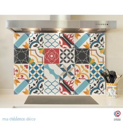 Crédence cuisine fond de hotte Carreaux ciment pop art - Verre trempé - L 90 cm x H 60 cm - MaCrédenceDéco