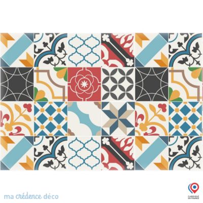 Crédence cuisine fond de hotte Carreaux ciment pop art - Verre trempé - L 90 cm x H 60 cm - MaCrédenceDéco
