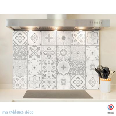 Crédence cuisine fond de hotte Carreaux ciments antique gris - Verre trempé - L 90 cm x H 50 cm - MaCrédenceDéco