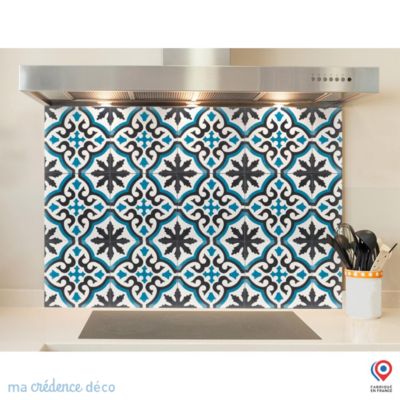 Crédence cuisine fond de hotte Carrelage classique bleu - Verre trempé - L 90 cm x H 60 cm - MaCrédenceDéco