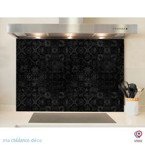 Crédence cuisine fond de hotte Carrelage et arabesque Noir - Verre trempé - L 90 cm x H 60 cm - MaCrédenceDéco