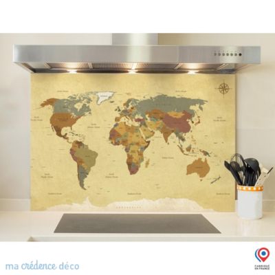 Crédence cuisine fond de hotte Carte du monde - Verre trempé - L 60 cm x H 45 cm - MaCrédenceDéco