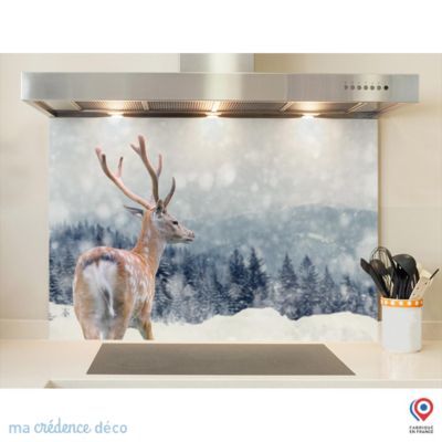 Crédence cuisine fond de hotte Cerf en hiver - Verre trempé - L 90 cm x H 50 cm - MaCrédenceDéco