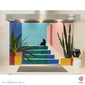 Crédence cuisine fond de hotte Chat, cactus et couleurs 4, Peinture - Verre trempé - L 70 cm x H 60 cm - MaCrédenceDéco